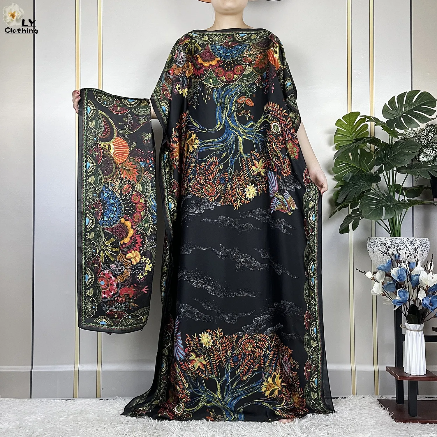 2023 New Dubai Style Fashion Women Clothing African Dashiki Abaya Soft Silk Print Design Islam Femme Loose Dress With Turban