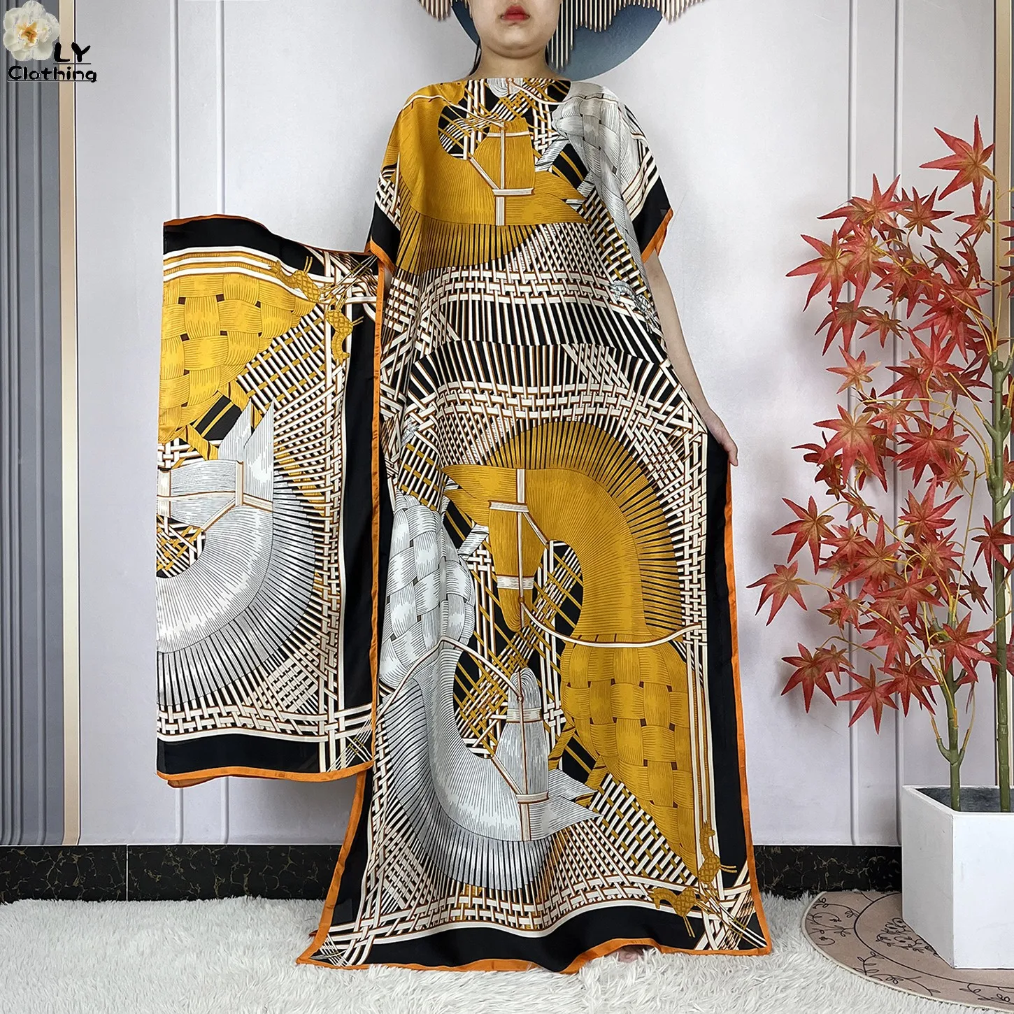 2023 New Dubai Style Fashion Women Clothing African Dashiki Abaya Soft Silk Print Design Islam Femme Loose Dress With Turban