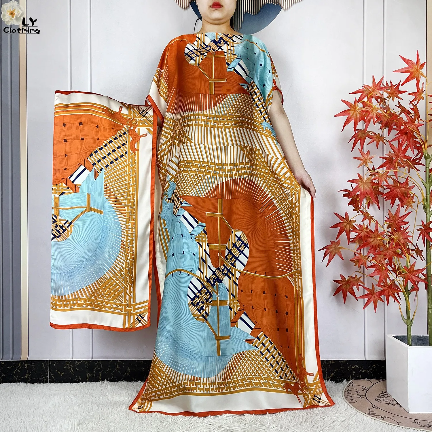 2023 New Dubai Style Fashion Women Clothing African Dashiki Abaya Soft Silk Print Design Islam Femme Loose Dress With Turban