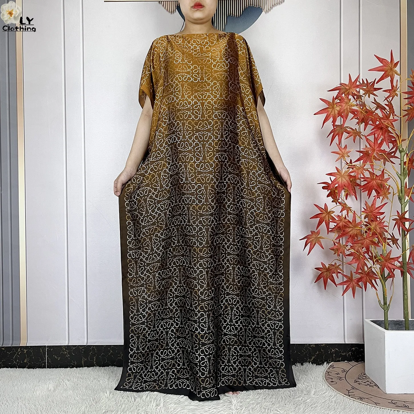 2023 New Dubai Style Fashion Women Clothing African Dashiki Abaya Soft Silk Print Design Islam Femme Loose Dress With Turban