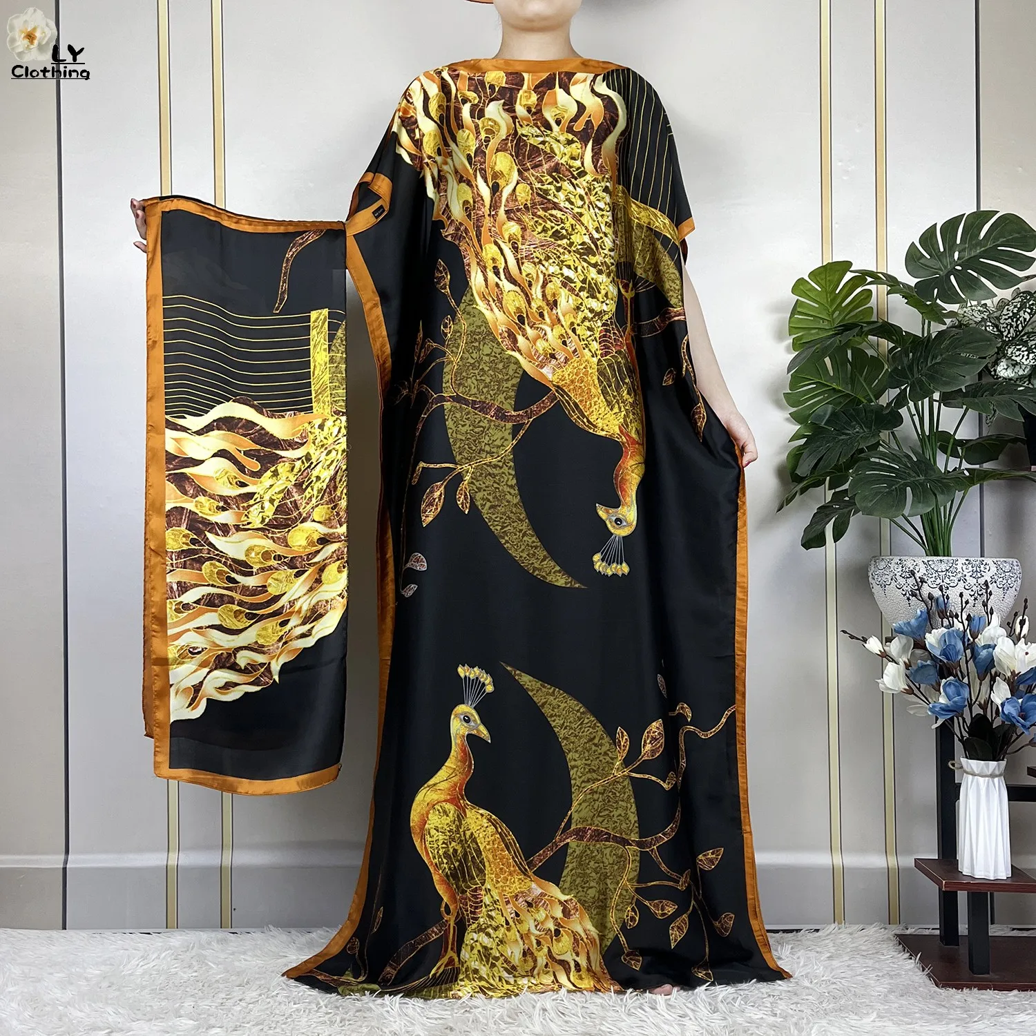 2023 New Dubai Style Fashion Women Clothing African Dashiki Abaya Soft Silk Print Design Islam Femme Loose Dress With Turban