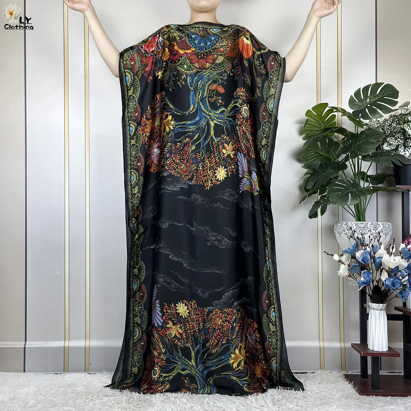 2023 New Dubai Style Fashion Women Clothing African Dashiki Abaya Soft Silk Print Design Islam Femme Loose Dress With Turban