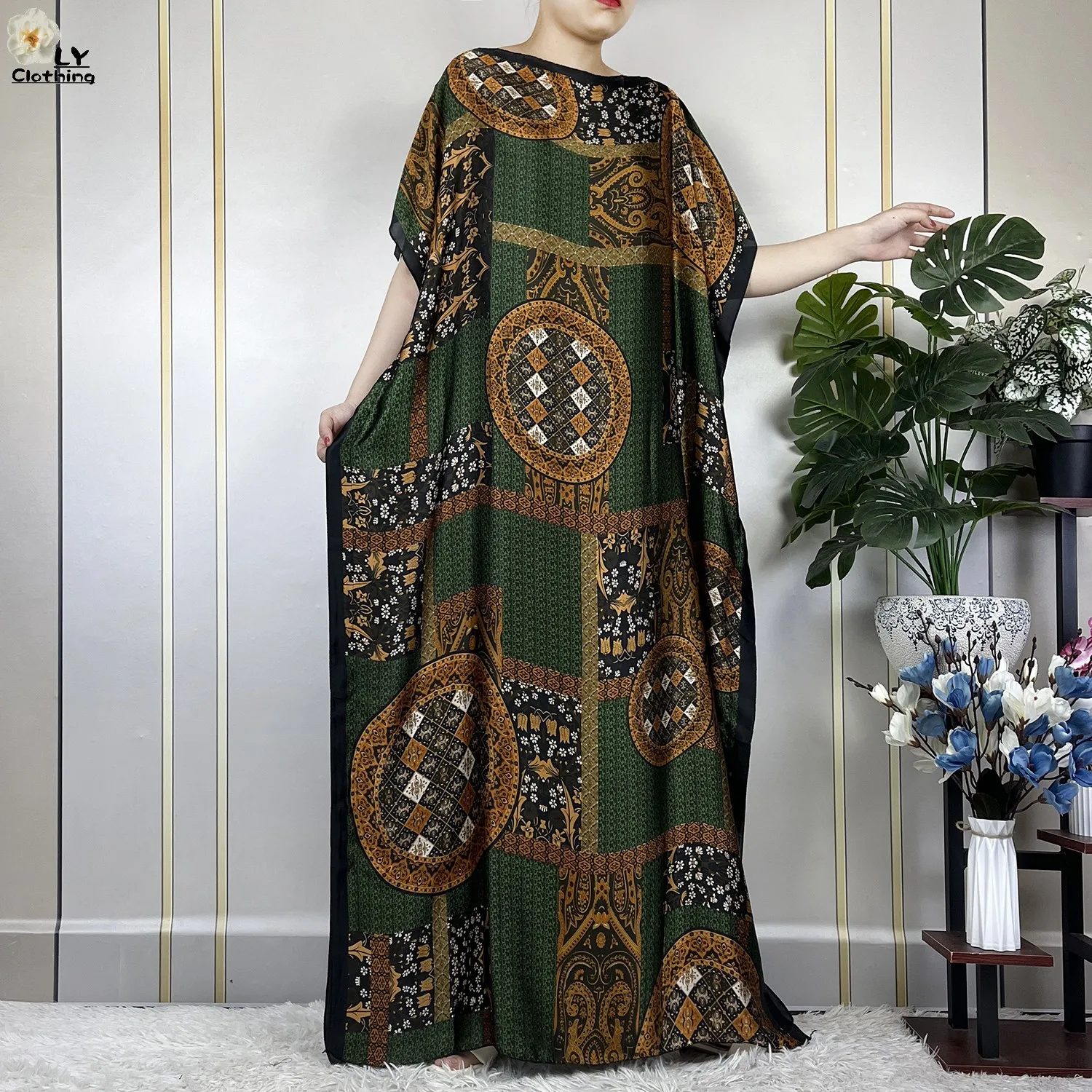 2023 New Dubai Style Fashion Women Clothing African Dashiki Abaya Soft Silk Print Design Islam Femme Loose Dress With Turban