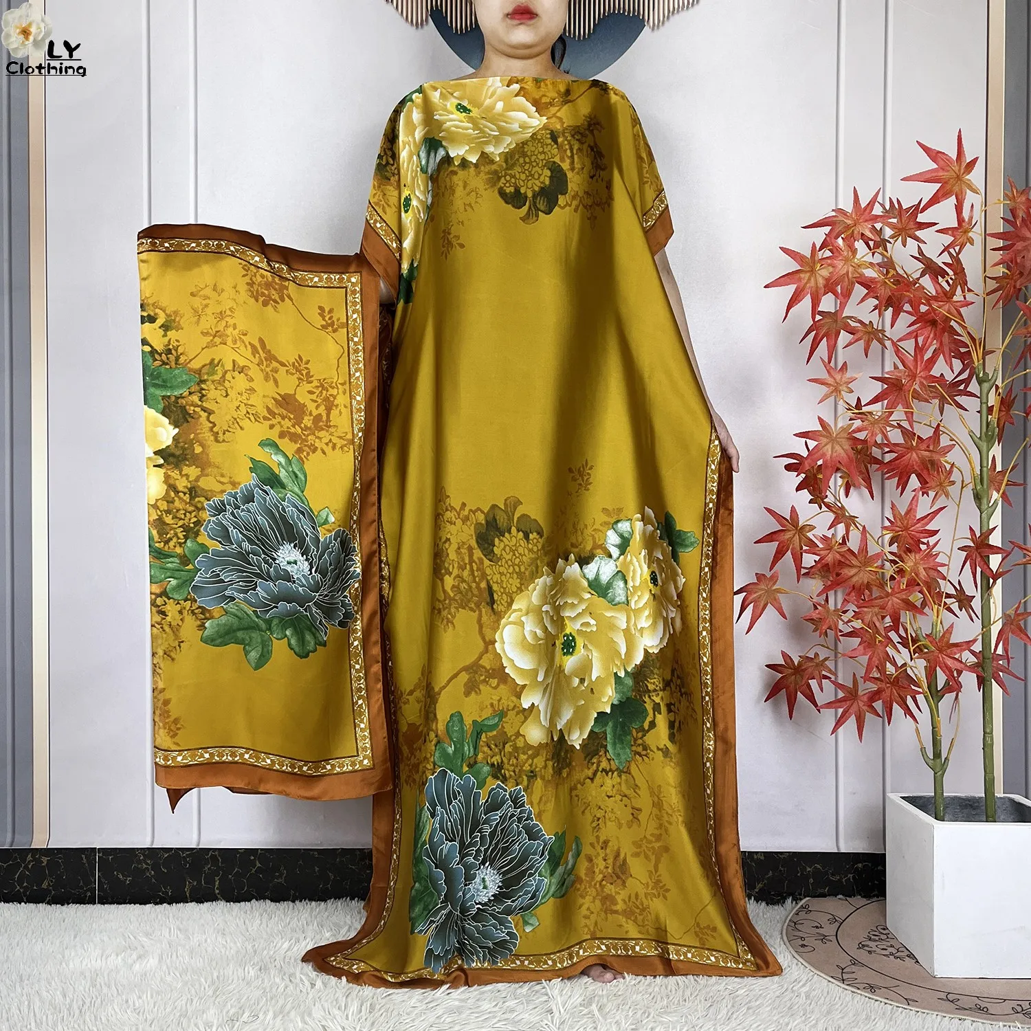 2023 New Dubai Style Fashion Women Clothing African Dashiki Abaya Soft Silk Print Design Islam Femme Loose Dress With Turban