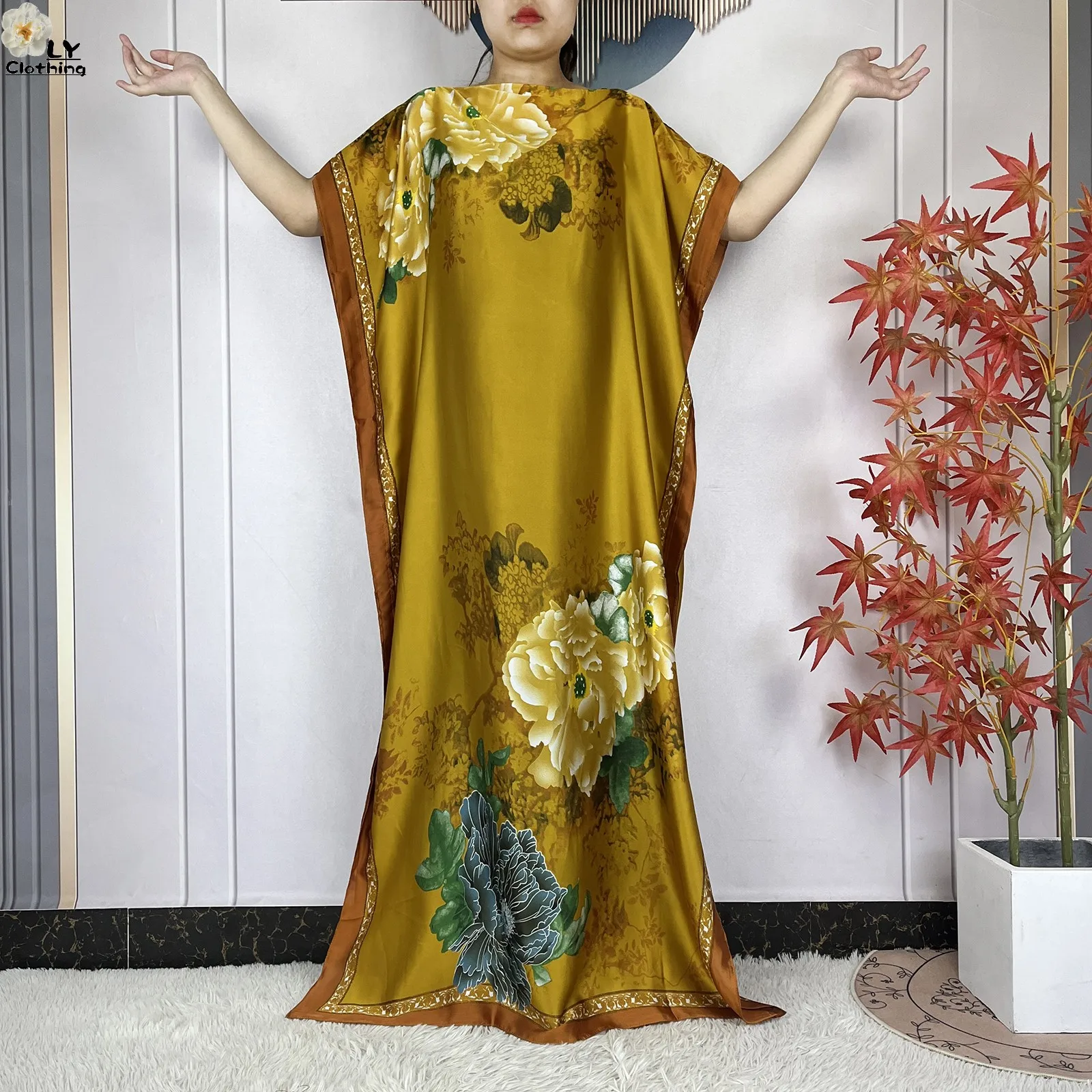 2023 New Dubai Style Fashion Women Clothing African Dashiki Abaya Soft Silk Print Design Islam Femme Loose Dress With Turban