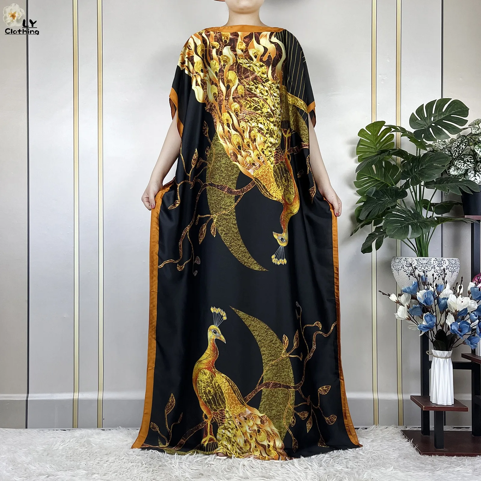 2023 New Dubai Style Fashion Women Clothing African Dashiki Abaya Soft Silk Print Design Islam Femme Loose Dress With Turban