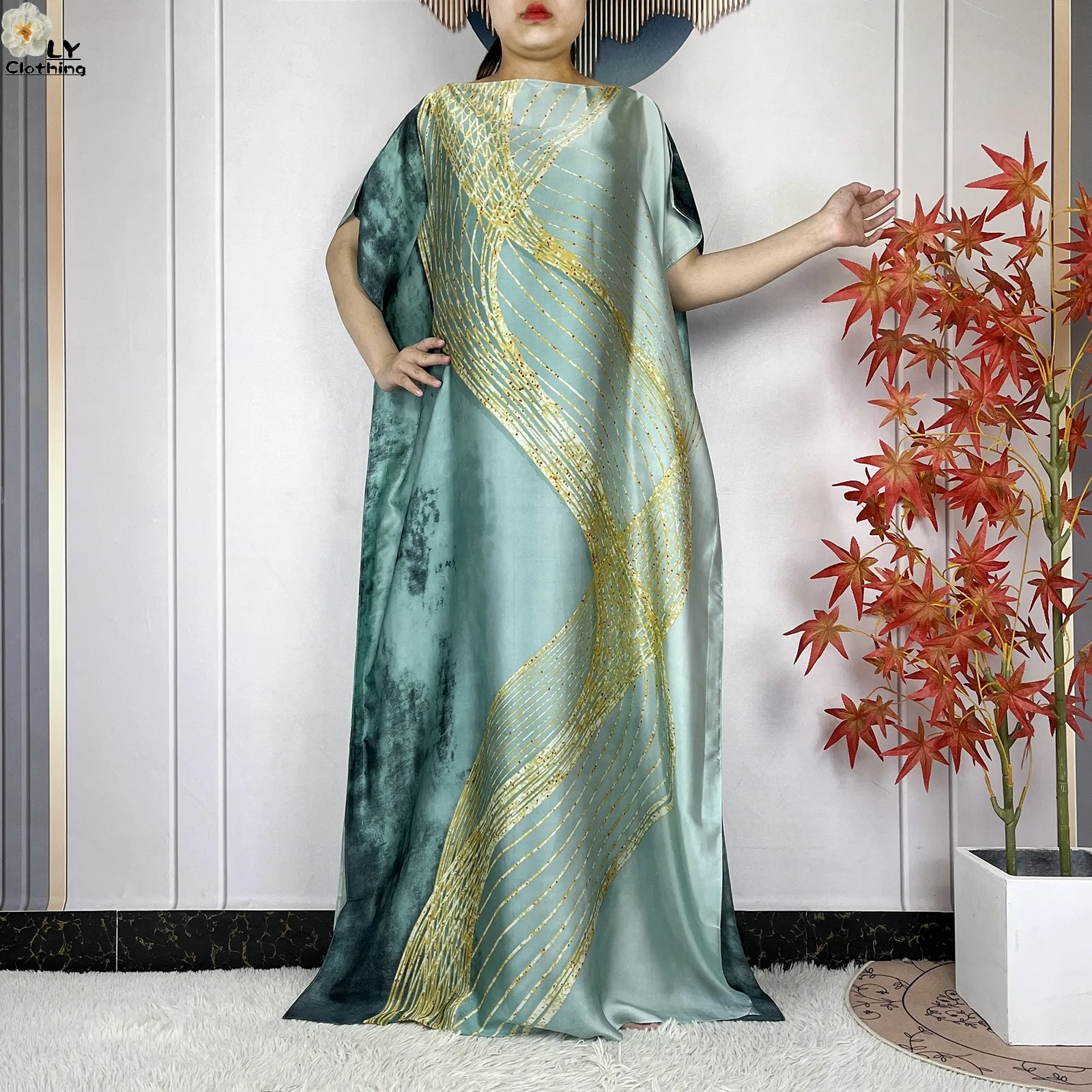 2023 New Dubai Style Fashion Women Clothing African Dashiki Abaya Soft Silk Print Design Islam Femme Loose Dress With Turban