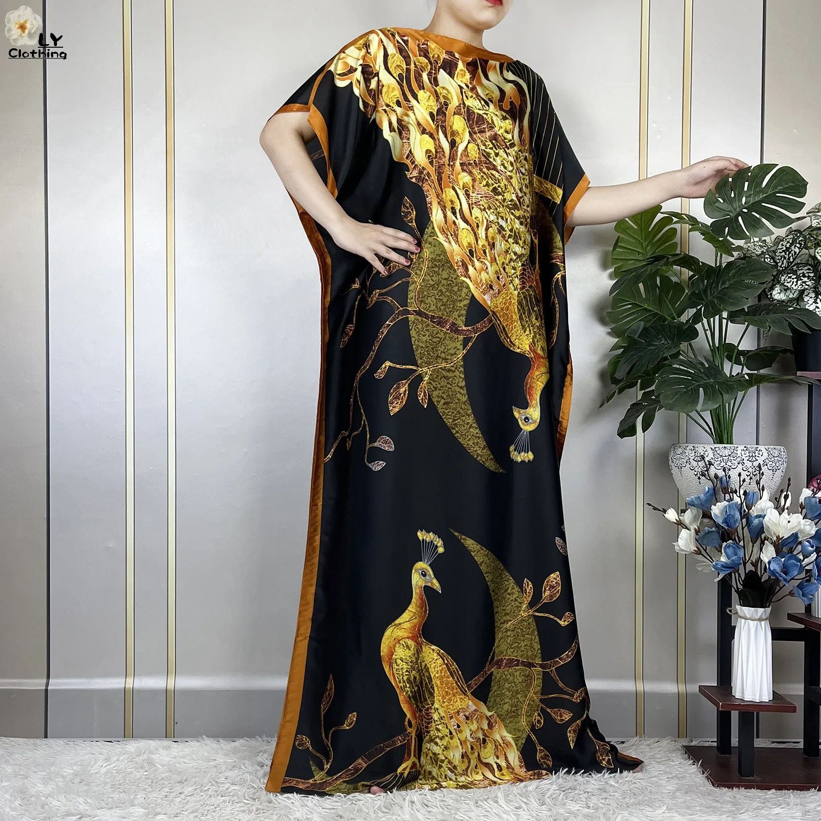 2023 New Dubai Style Fashion Women Clothing African Dashiki Abaya Soft Silk Print Design Islam Femme Loose Dress With Turban