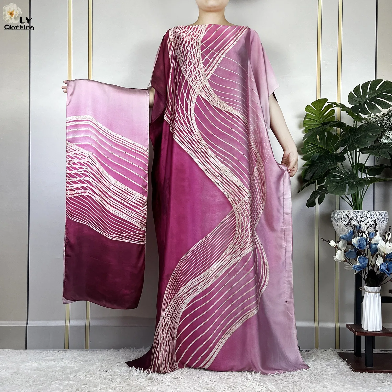 2023 New Dubai Style Fashion Women Clothing African Dashiki Abaya Soft Silk Print Design Islam Femme Loose Dress With Turban