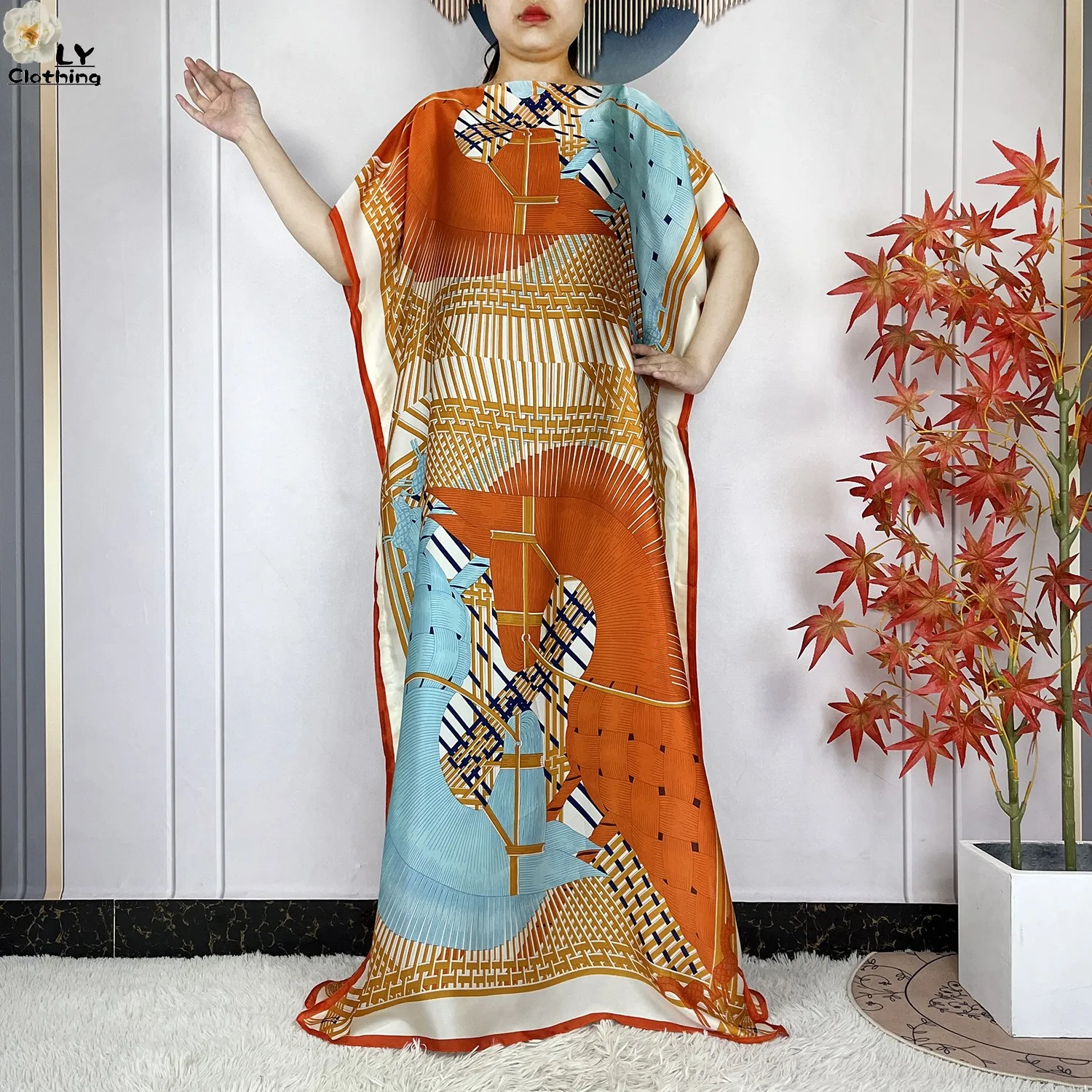 2023 New Dubai Style Fashion Women Clothing African Dashiki Abaya Soft Silk Print Design Islam Femme Loose Dress With Turban