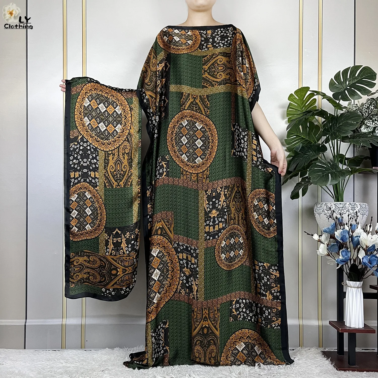 2023 New Dubai Style Fashion Women Clothing African Dashiki Abaya Soft Silk Print Design Islam Femme Loose Dress With Turban