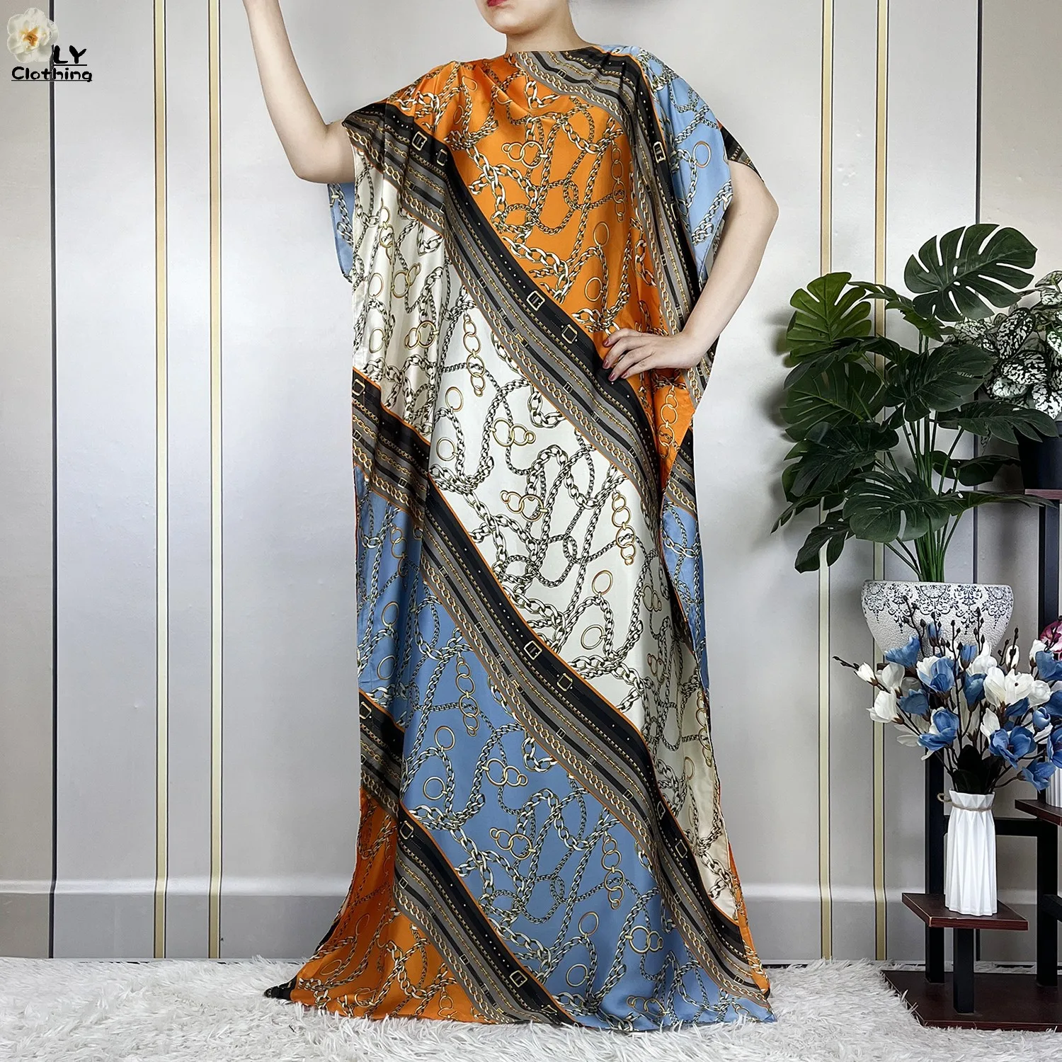 2023 New Dubai Style Fashion Women Clothing African Dashiki Abaya Soft Silk Print Design Islam Femme Loose Dress With Turban