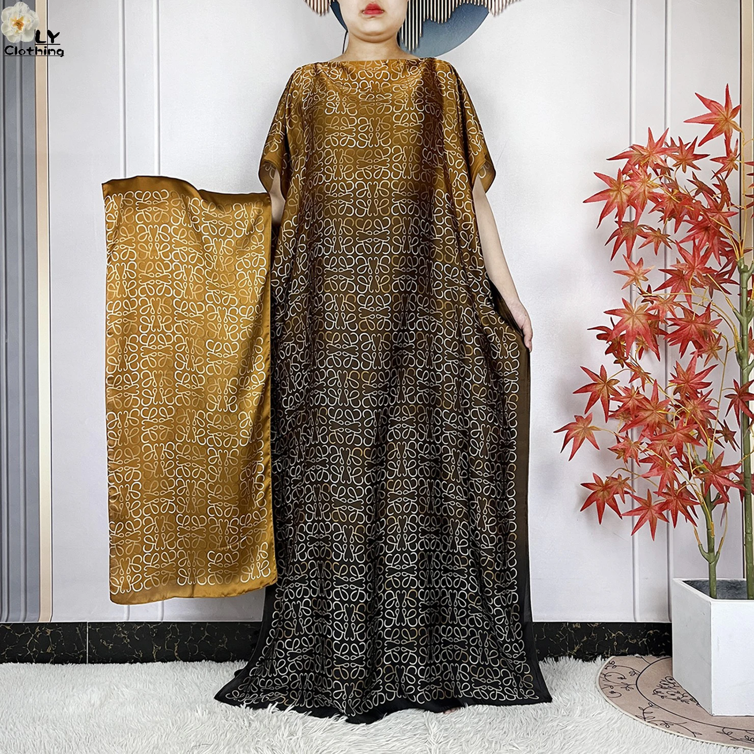 2023 New Dubai Style Fashion Women Clothing African Dashiki Abaya Soft Silk Print Design Islam Femme Loose Dress With Turban