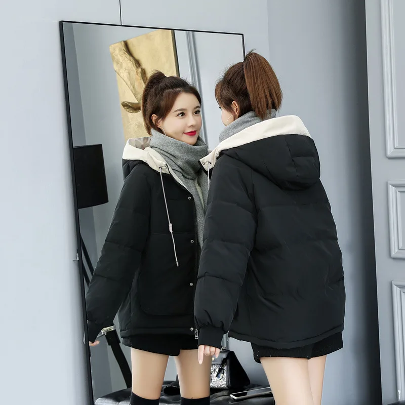 Women's Winter Jacket Cotton Padded Short Coat Ladies Students Long Sleeved Hooded Warm Outwear