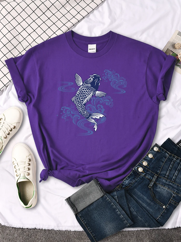 Tshirt For Woman Paper Cut Koi Good Luck Printing Womens T Shirt Kawaii Fashion Women Top Roud Neck Breathable Tshirts For Women