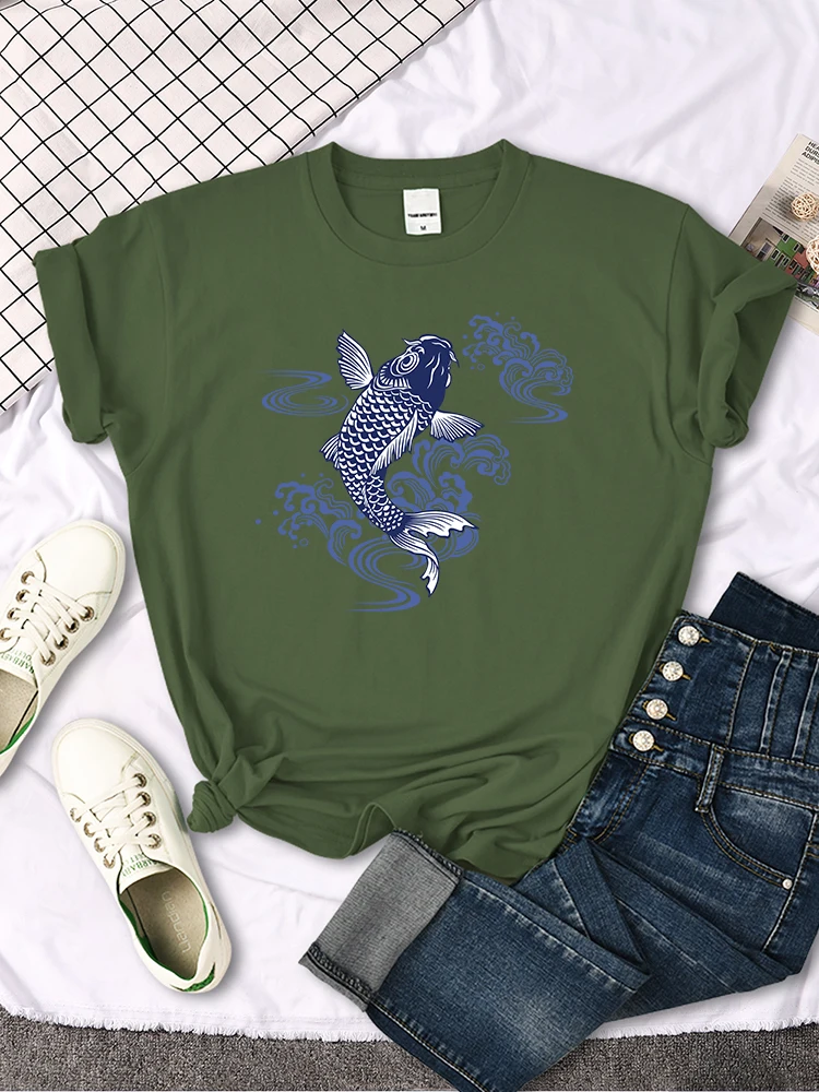 Tshirt For Woman Paper Cut Koi Good Luck Printing Womens T Shirt Kawaii Fashion Women Top Roud Neck Breathable Tshirts For Women