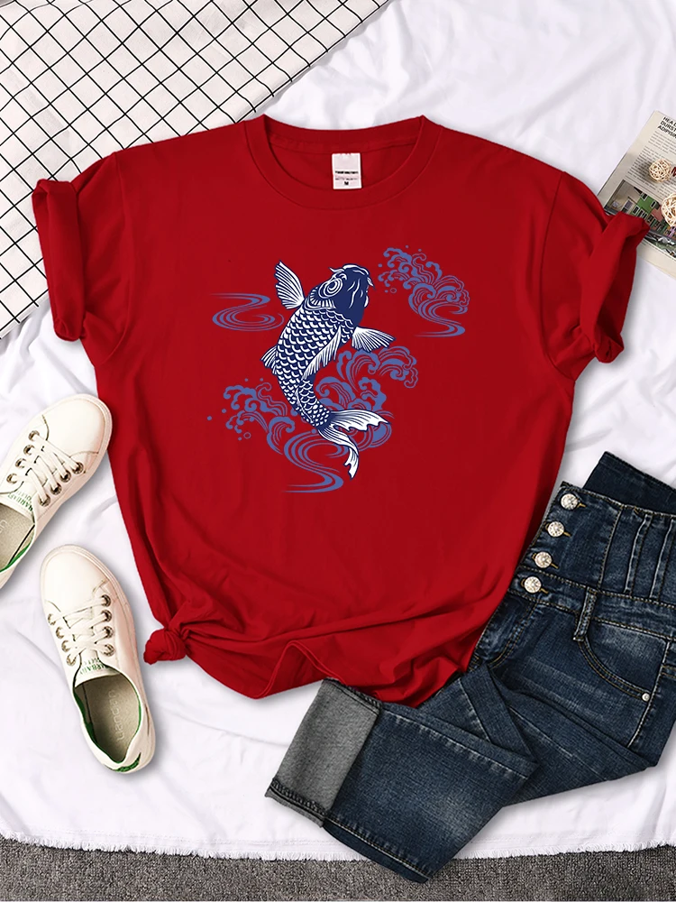 Tshirt For Woman Paper Cut Koi Good Luck Printing Womens T Shirt Kawaii Fashion Women Top Roud Neck Breathable Tshirts For Women