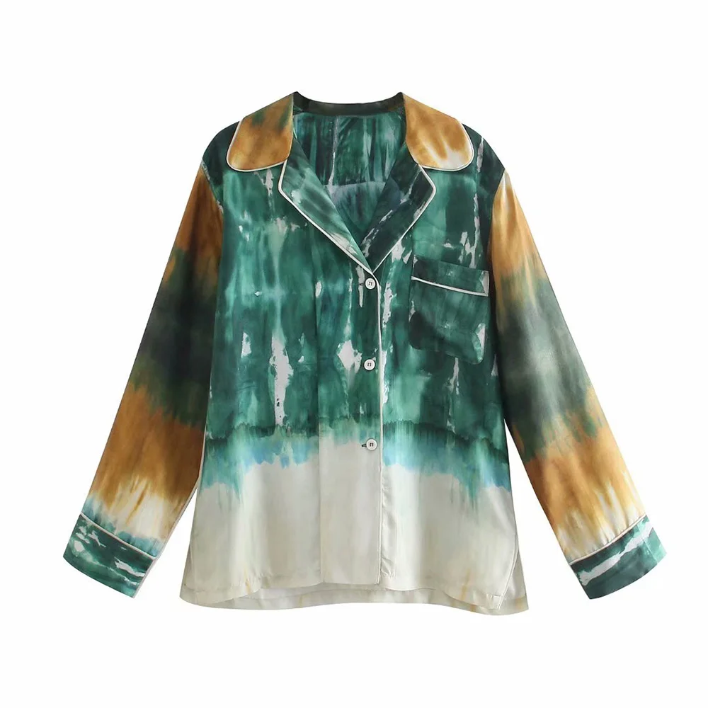 Klacwaya Za Women 2021 Summer Tie Dye Women Blouses Long Sleeve Loose Casual Blouses Vintage Female Shirts Blusas Chic