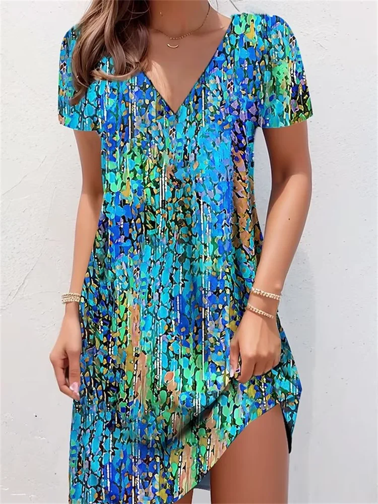 Retro V-Neck Floral Printed Dresses Women Vintage Short Sleeve Summer A-Line Elegant Party Dress Ladies Casual Loose Boho Dress