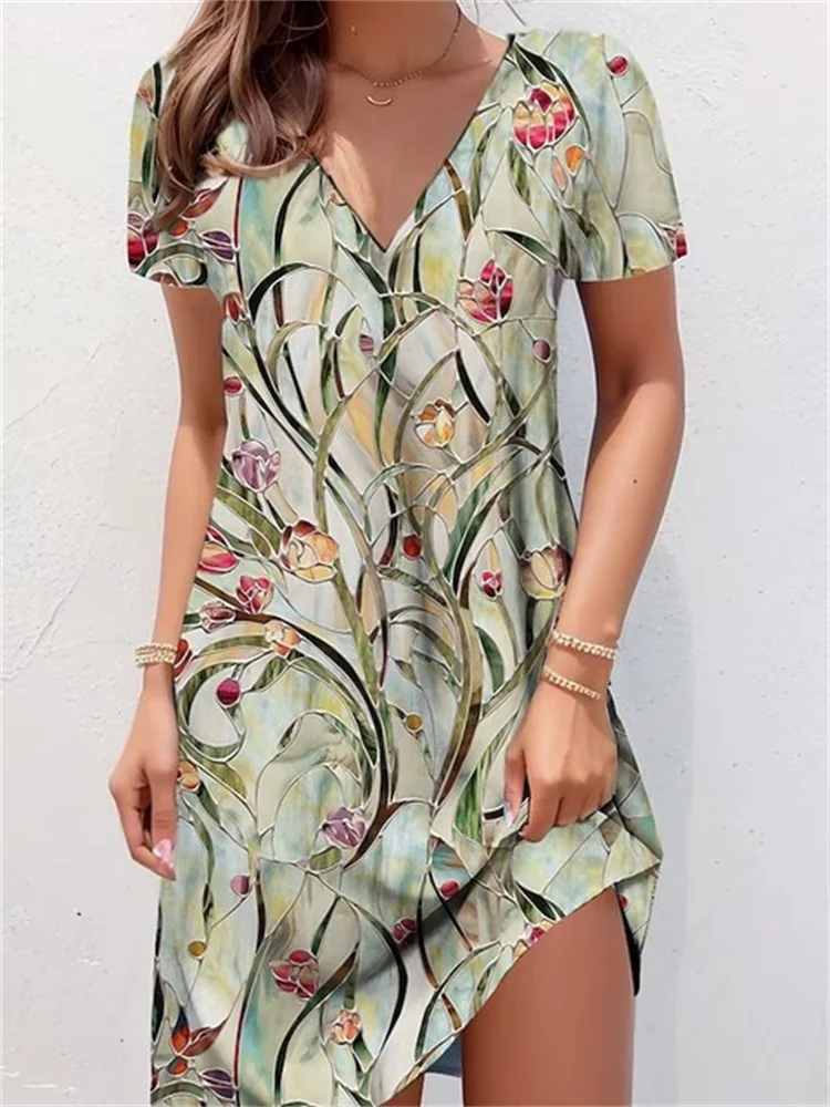 Retro V-Neck Floral Printed Dresses Women Vintage Short Sleeve Summer A-Line Elegant Party Dress Ladies Casual Loose Boho Dress