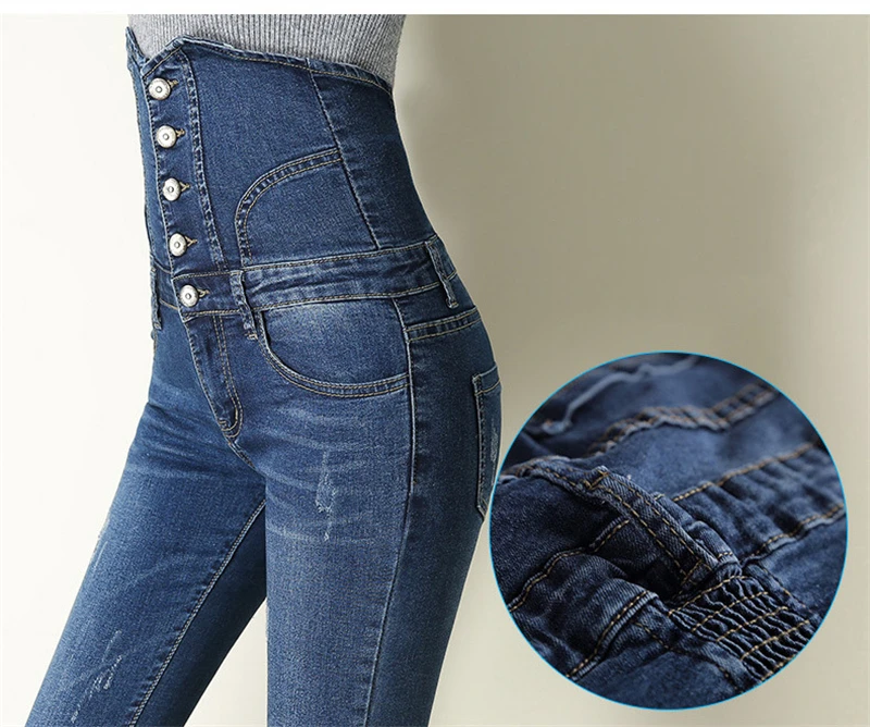 Sexy Super High Waist Skinny Pencil Jeans Women Streetwear Button Fly Denim Pants Korean Stretch Vaqueros Big Size 36 Pantalones