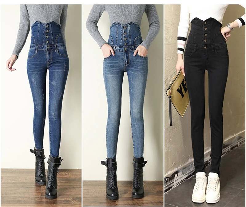 Sexy Super High Waist Skinny Pencil Jeans Women Streetwear Button Fly Denim Pants Korean Stretch Vaqueros Big Size 36 Pantalones