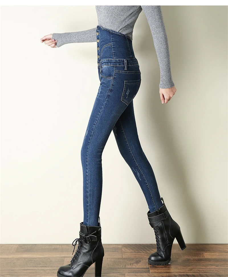 Sexy Super High Waist Skinny Pencil Jeans Women Streetwear Button Fly Denim Pants Korean Stretch Vaqueros Big Size 36 Pantalones