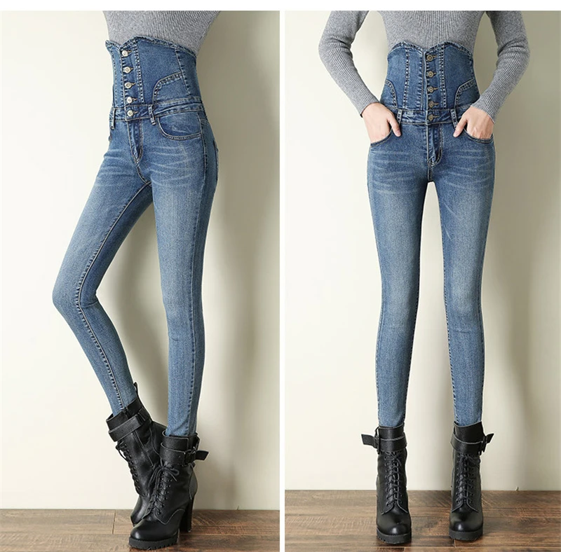 Sexy Super High Waist Skinny Pencil Jeans Women Streetwear Button Fly Denim Pants Korean Stretch Vaqueros Big Size 36 Pantalones