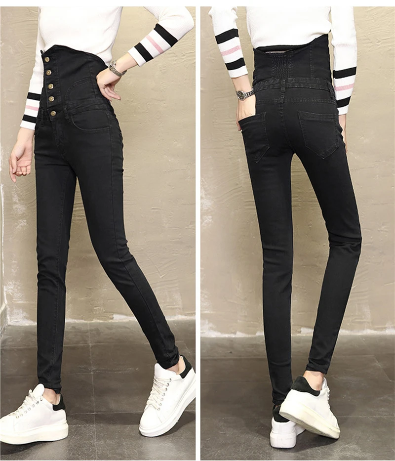 Sexy Super High Waist Skinny Pencil Jeans Women Streetwear Button Fly Denim Pants Korean Stretch Vaqueros Big Size 36 Pantalones