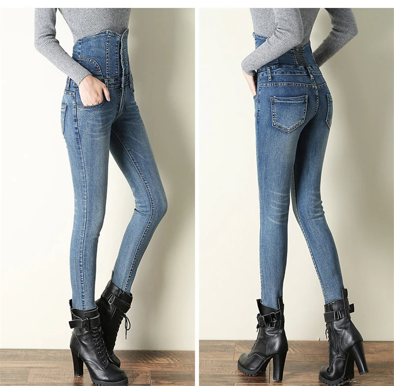 Sexy Super High Waist Skinny Pencil Jeans Women Streetwear Button Fly Denim Pants Korean Stretch Vaqueros Big Size 36 Pantalones