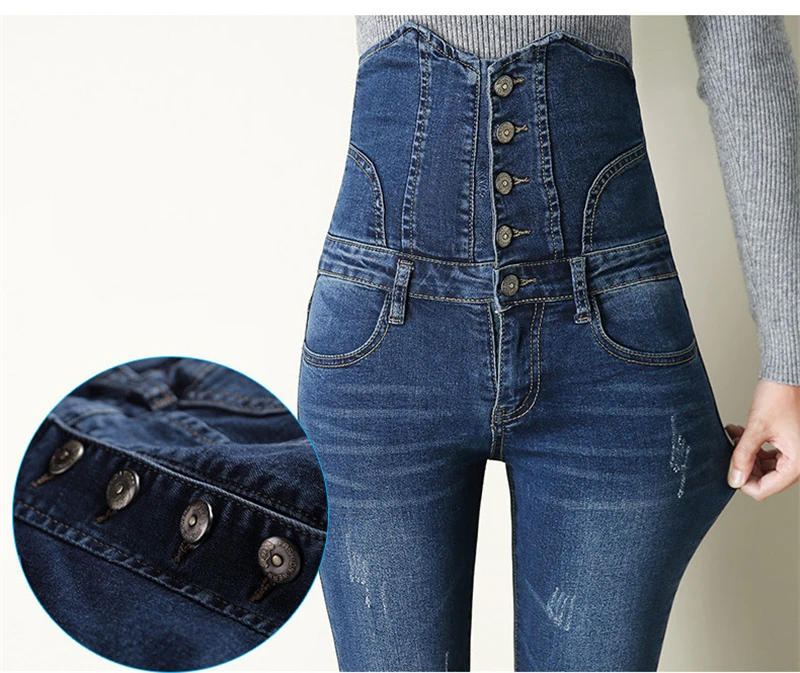 Sexy Super High Waist Skinny Pencil Jeans Women Streetwear Button Fly Denim Pants Korean Stretch Vaqueros Big Size 36 Pantalones
