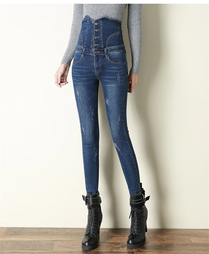 Sexy Super High Waist Skinny Pencil Jeans Women Streetwear Button Fly Denim Pants Korean Stretch Vaqueros Big Size 36 Pantalones