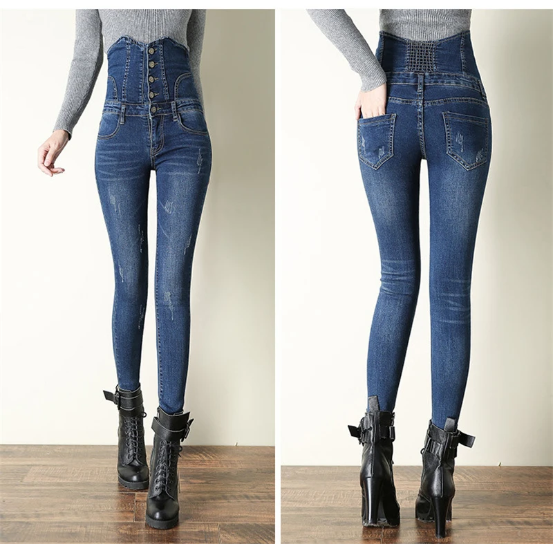 Sexy Super High Waist Skinny Pencil Jeans Women Streetwear Button Fly Denim Pants Korean Stretch Vaqueros Big Size 36 Pantalones