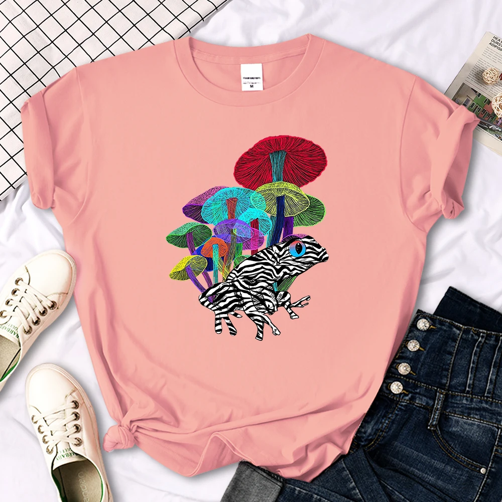 Frog With Mushrooms In Neon Style T Shirt Female Summer Fashion Tee Clothes Sport Street Harajuku Short Sleeve Casual T-Shirts