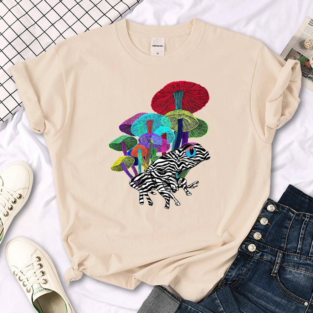Frog With Mushrooms In Neon Style T Shirt Female Summer Fashion Tee Clothes Sport Street Harajuku Short Sleeve Casual T-Shirts