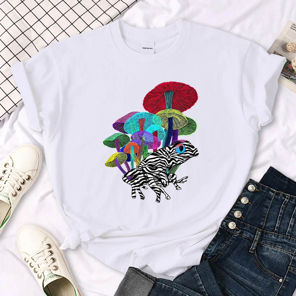 Frog With Mushrooms In Neon Style T Shirt Female Summer Fashion Tee Clothes Sport Street Harajuku Short Sleeve Casual T-Shirts