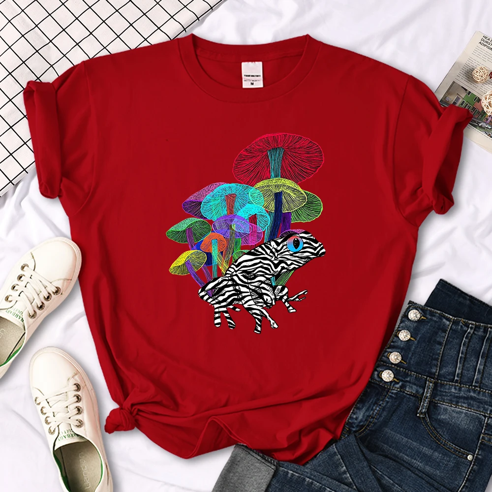 Frog With Mushrooms In Neon Style T Shirt Female Summer Fashion Tee Clothes Sport Street Harajuku Short Sleeve Casual T-Shirts