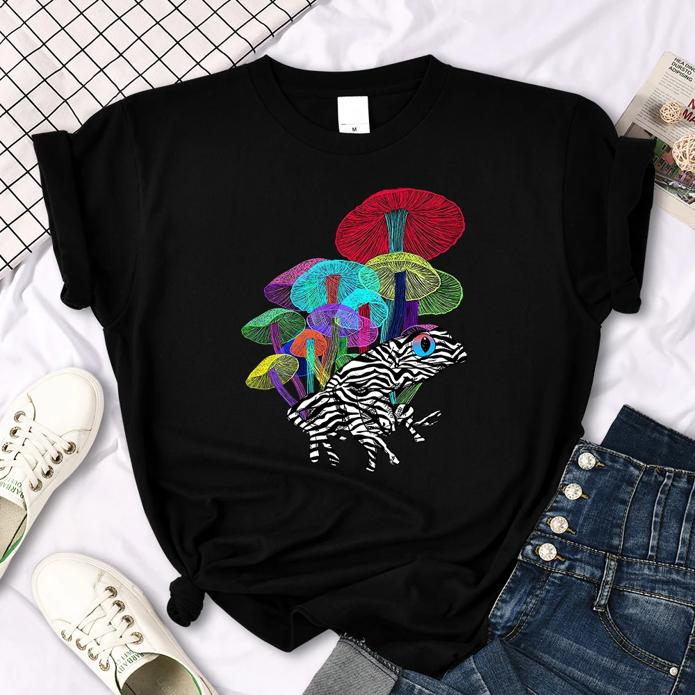 Frog With Mushrooms In Neon Style T Shirt Female Summer Fashion Tee Clothes Sport Street Harajuku Short Sleeve Casual T-Shirts