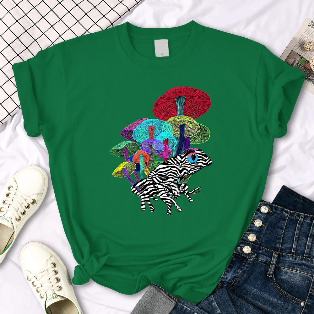 Frog With Mushrooms In Neon Style T Shirt Female Summer Fashion Tee Clothes Sport Street Harajuku Short Sleeve Casual T-Shirts