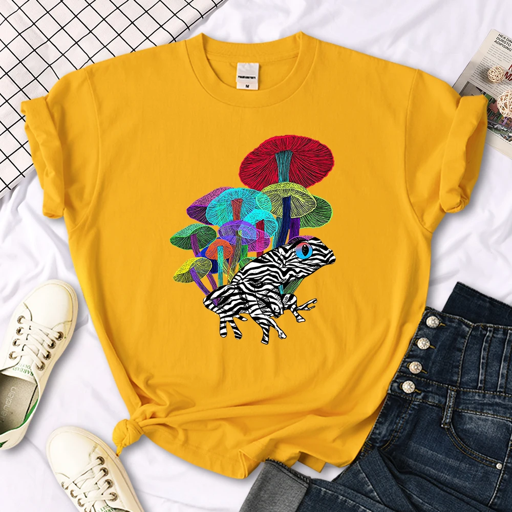 Frog With Mushrooms In Neon Style T Shirt Female Summer Fashion Tee Clothes Sport Street Harajuku Short Sleeve Casual T-Shirts