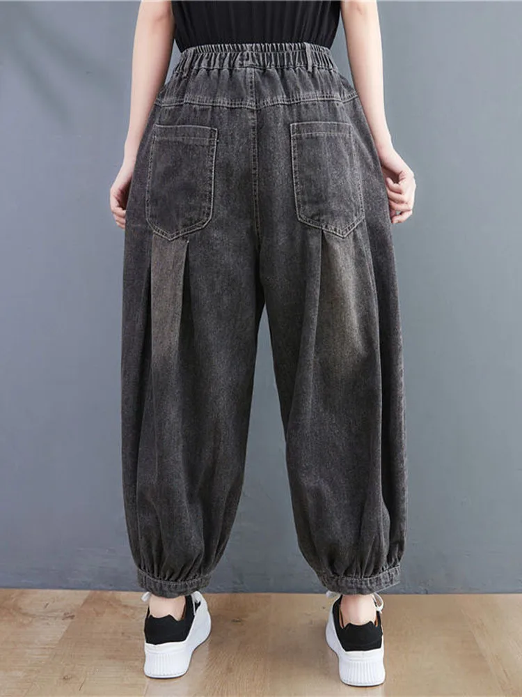 Amax luluE 2025 Spring Elastic Designer Vintage Denim Trousers European Style Women Loose Casual Harem Pants Punk Street Jeans