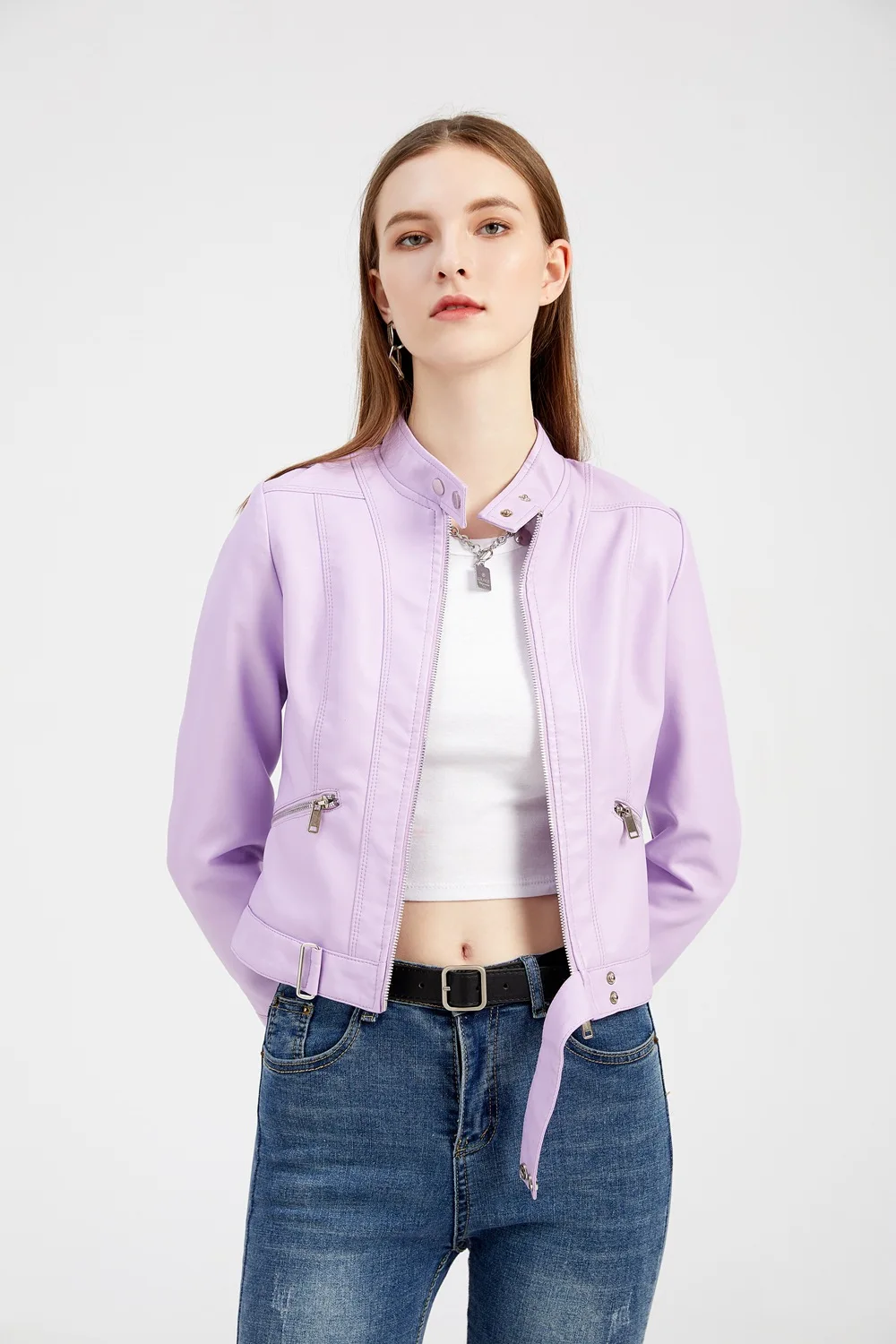 Spring Autumn Women PU Leather Short Jacket Ladies Solid With Belt Stand-up Collar Zipper Biker Coat Female Casual Outwear