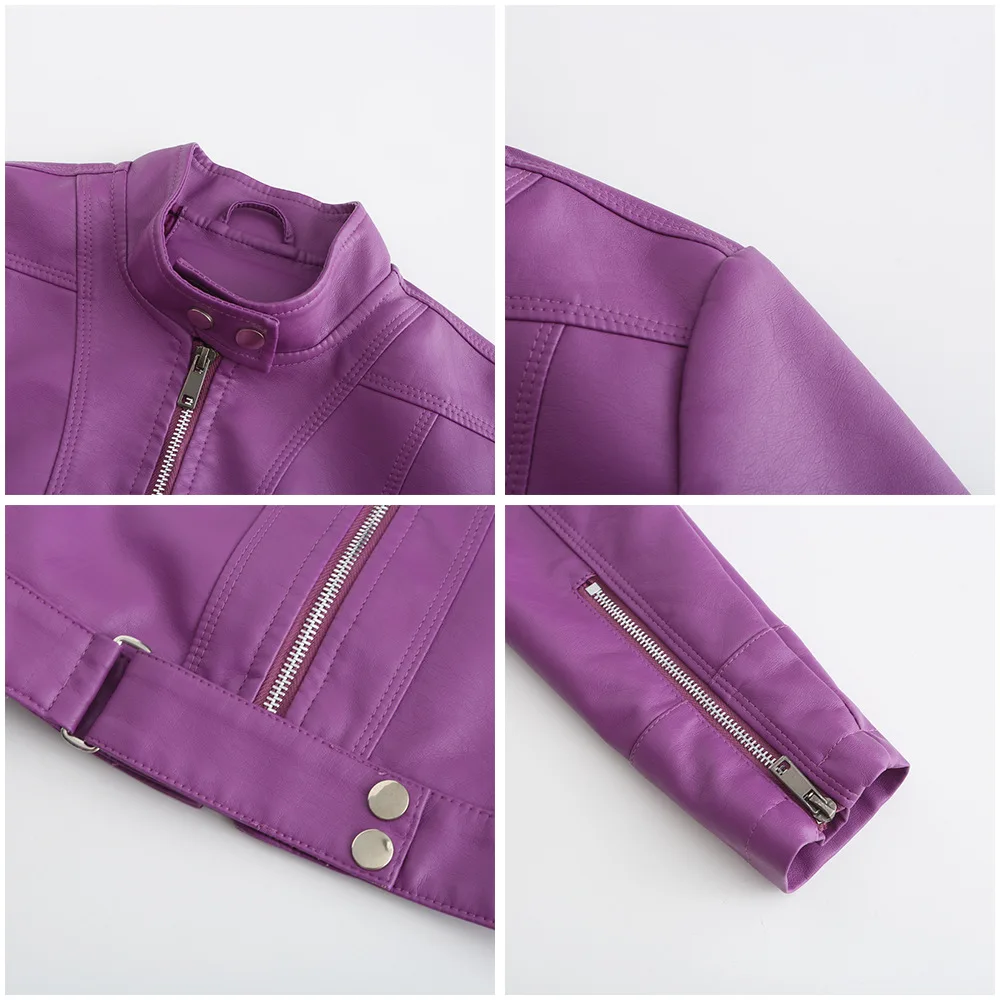 Spring Autumn Women PU Leather Short Jacket Ladies Solid With Belt Stand-up Collar Zipper Biker Coat Female Casual Outwear