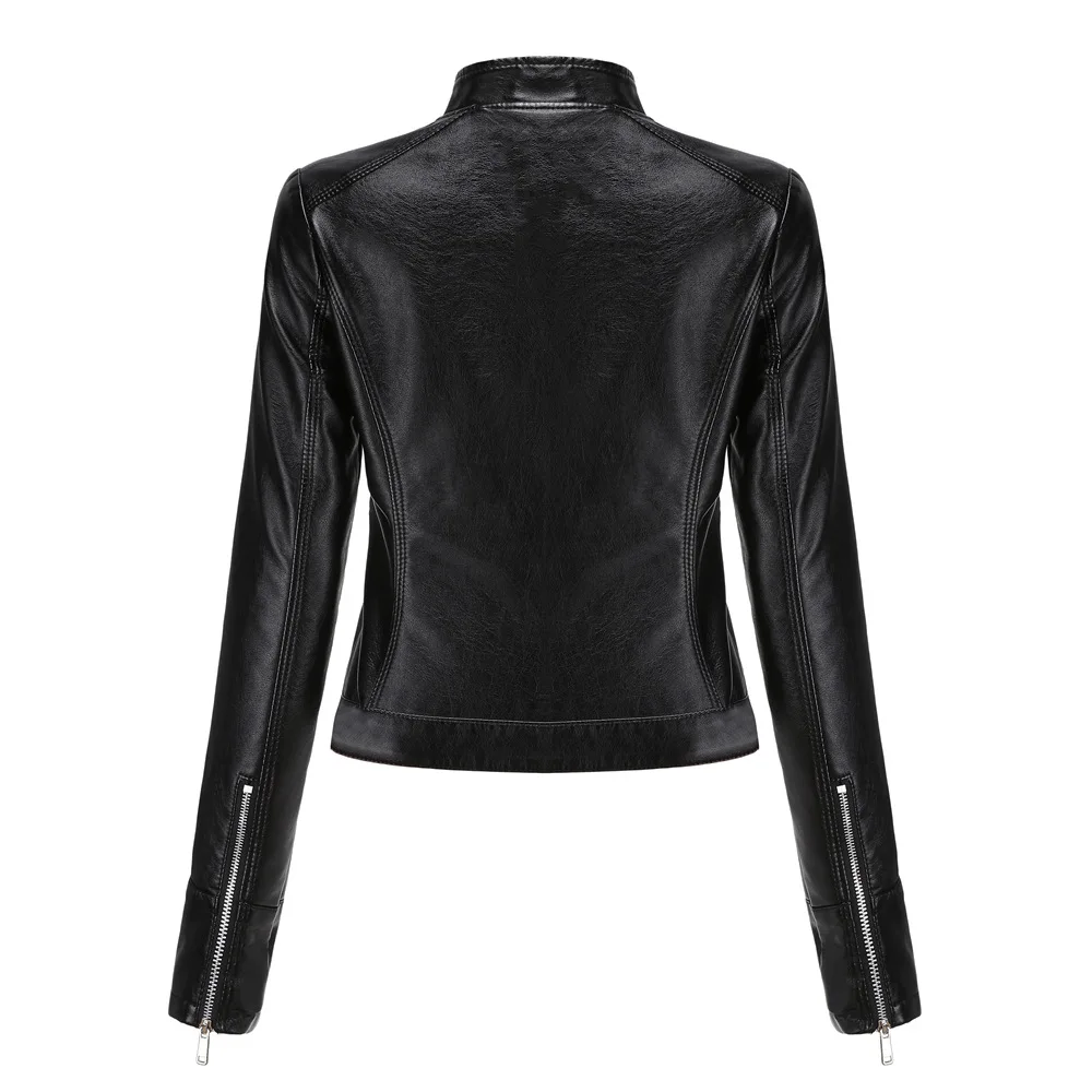 Spring Autumn Women PU Leather Short Jacket Ladies Solid With Belt Stand-up Collar Zipper Biker Coat Female Casual Outwear