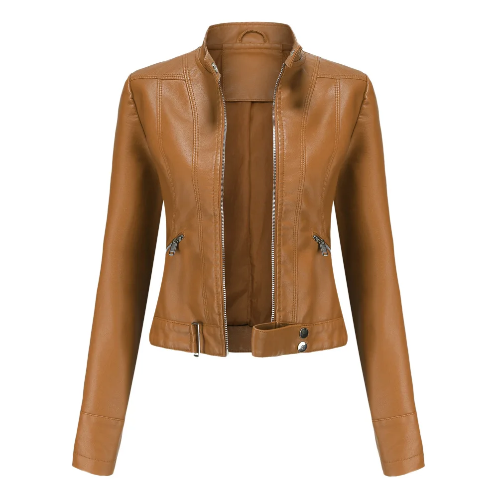 Spring Autumn Women PU Leather Short Jacket Ladies Solid With Belt Stand-up Collar Zipper Biker Coat Female Casual Outwear