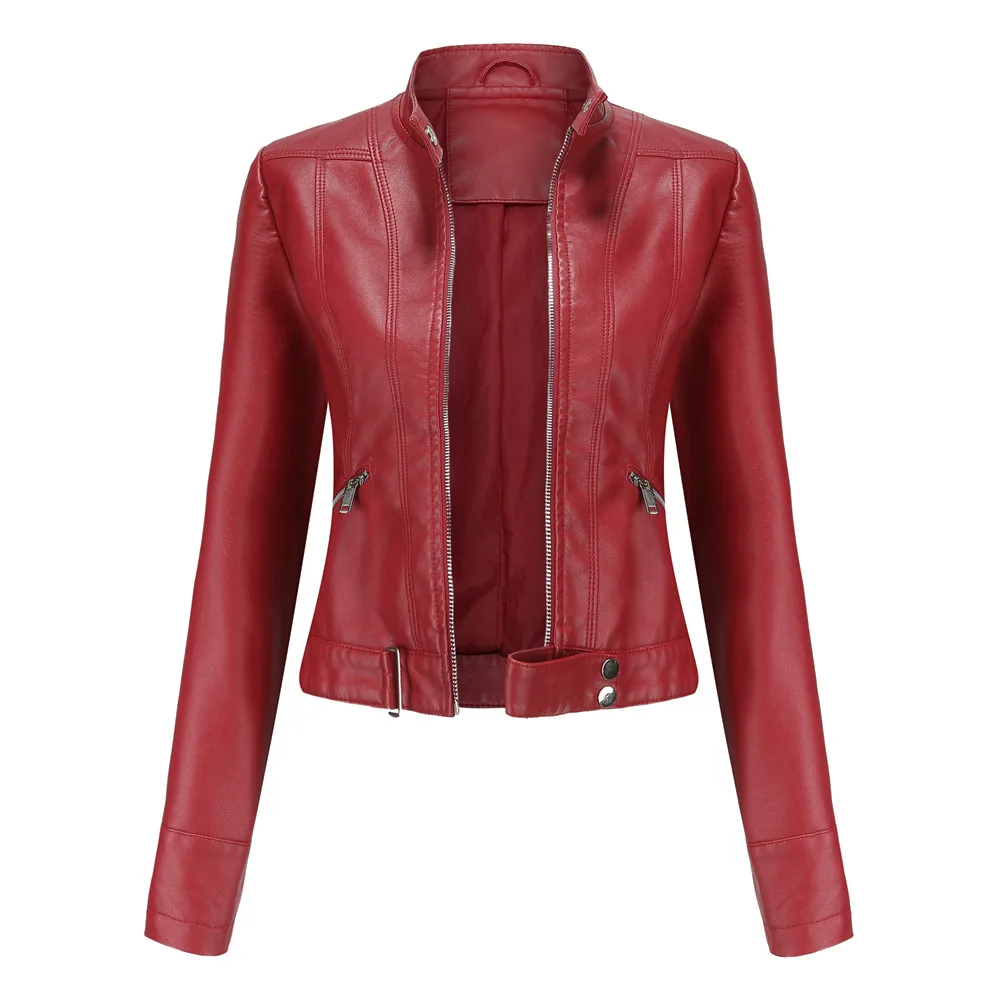 Spring Autumn Women PU Leather Short Jacket Ladies Solid With Belt Stand-up Collar Zipper Biker Coat Female Casual Outwear