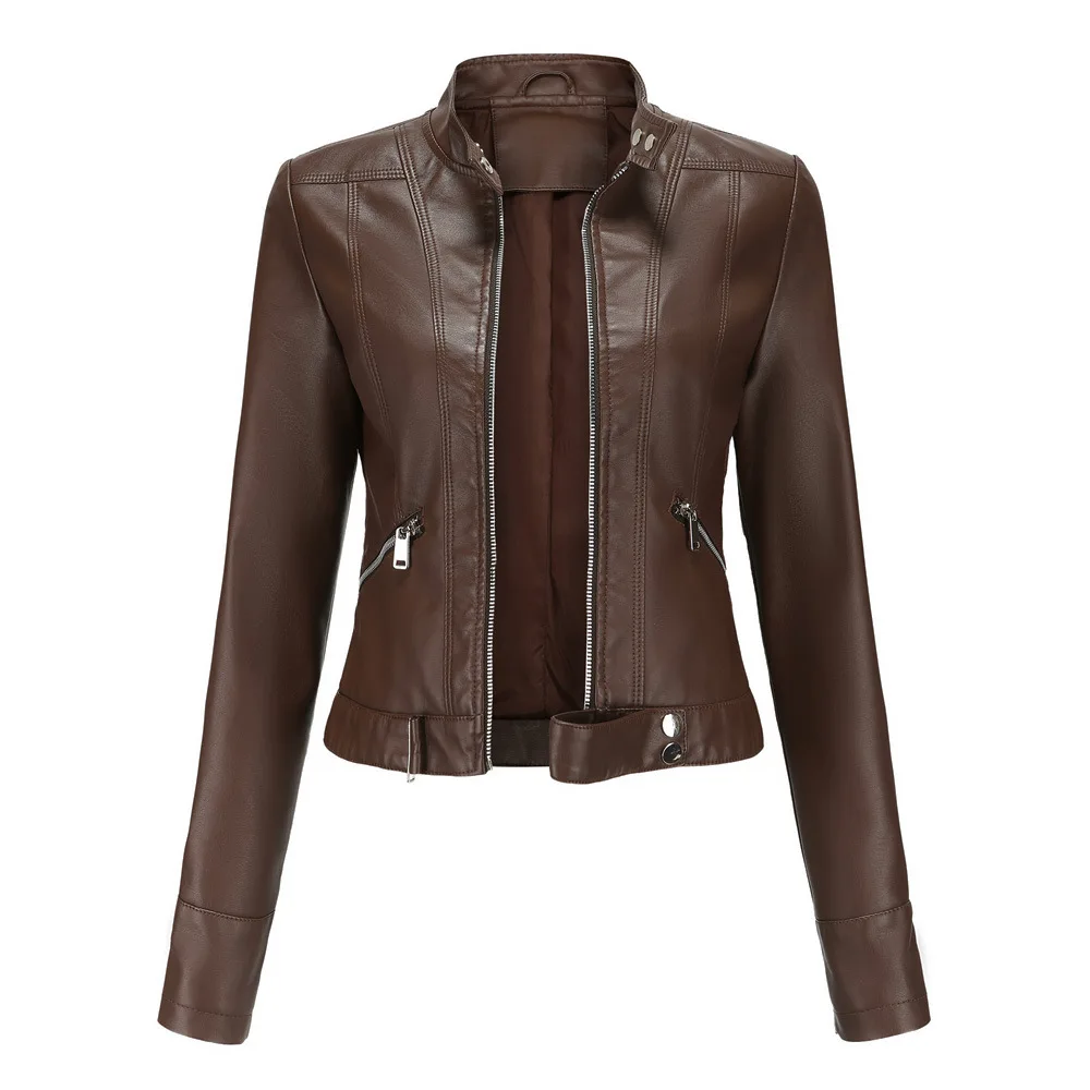 Spring Autumn Women PU Leather Short Jacket Ladies Solid With Belt Stand-up Collar Zipper Biker Coat Female Casual Outwear
