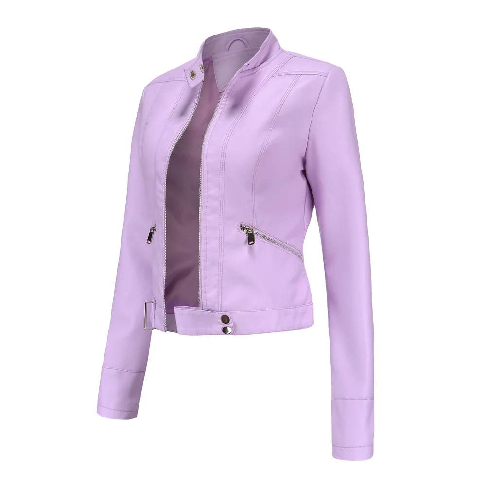Spring Autumn Women PU Leather Short Jacket Ladies Solid With Belt Stand-up Collar Zipper Biker Coat Female Casual Outwear