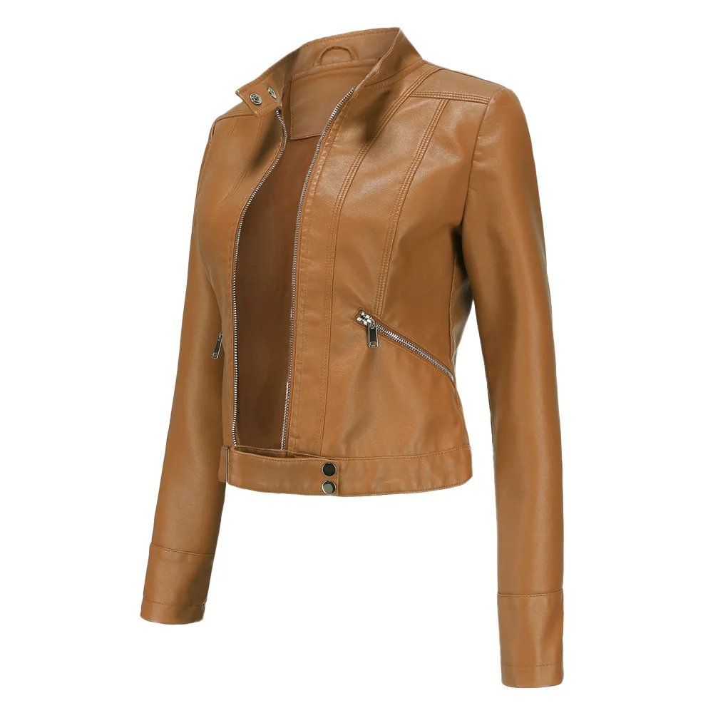 Spring Autumn Women PU Leather Short Jacket Ladies Solid With Belt Stand-up Collar Zipper Biker Coat Female Casual Outwear