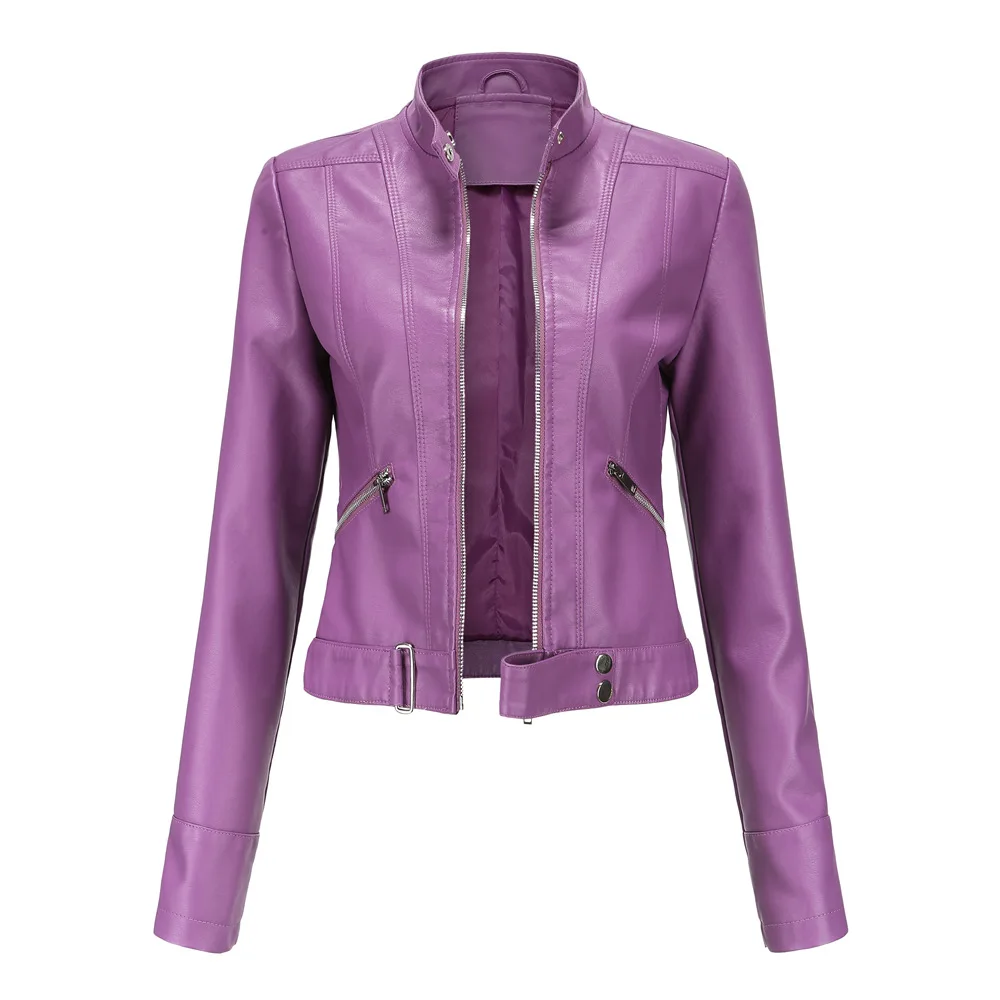 Spring Autumn Women PU Leather Short Jacket Ladies Solid With Belt Stand-up Collar Zipper Biker Coat Female Casual Outwear